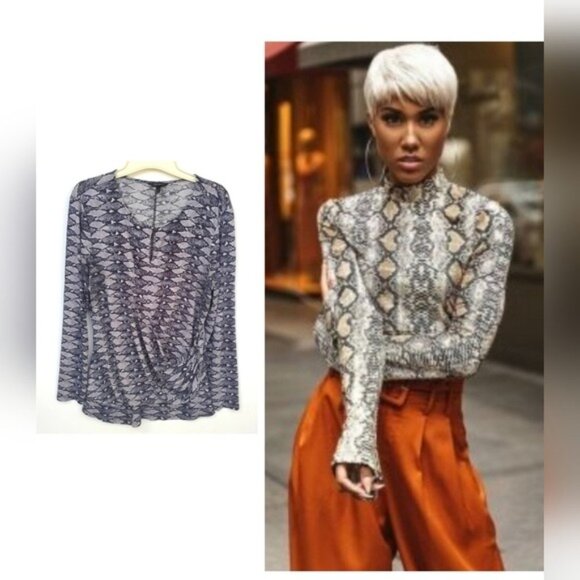 Wrap Top Slinky Snakeskin Long Sleeve Layer Chic - Picture 2 of 15